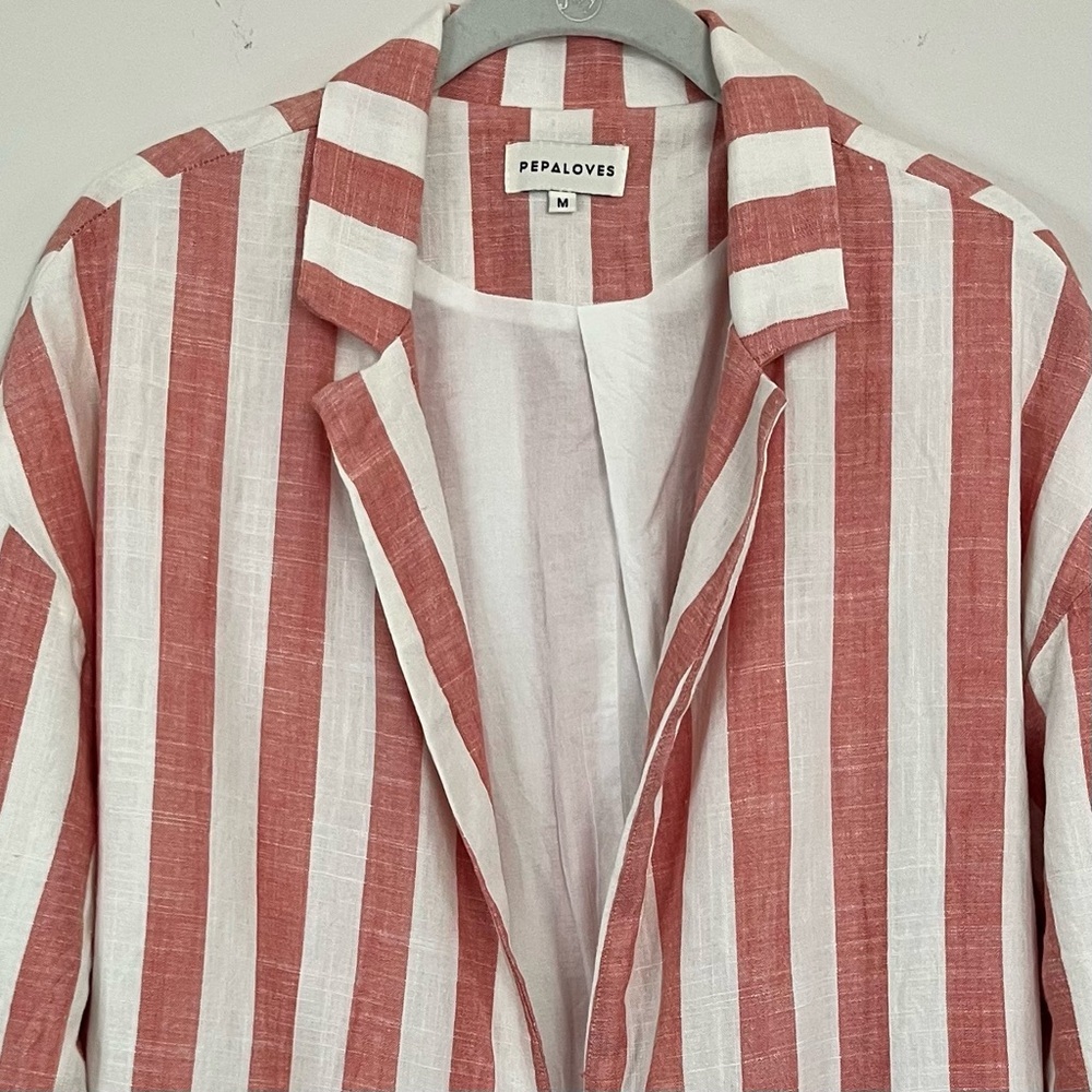 Pepaloves Pink White Stripe Linen Blend Open Front Blazer Jacket M - Picture 3 of 10